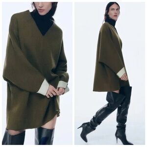 Zara Dark Green and Beige V-Neck Women's Oversize Sweater Dress - Large